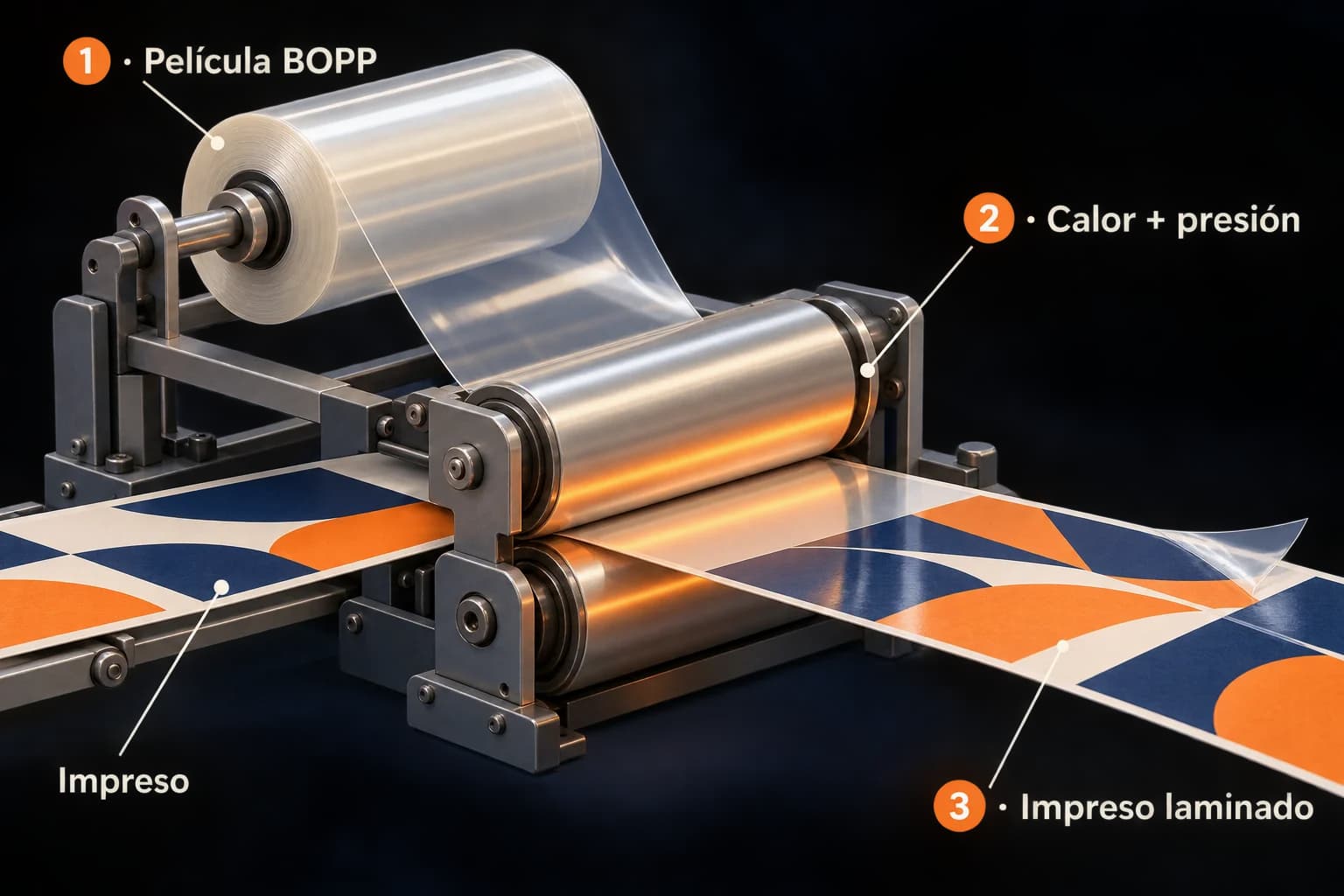 Infografía ilustrada de termolaminación: bobina BOPP, unión con calor y presión entre rodillos e impreso laminado a la salida.