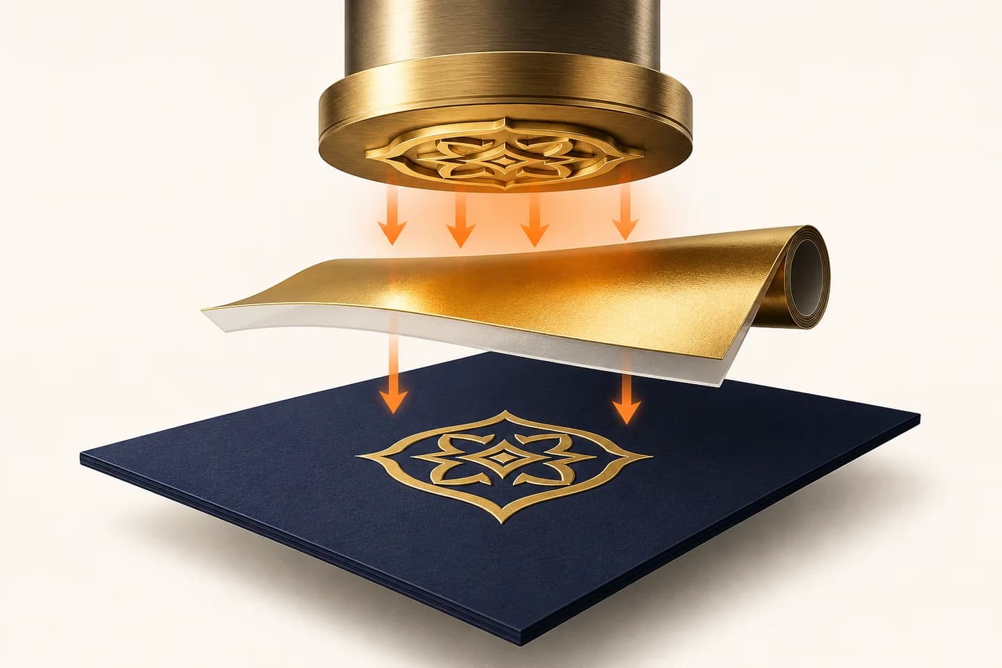 Diagrama del cliché caliente presionando el foil sobre una cartulina para transferir el acabado dorado