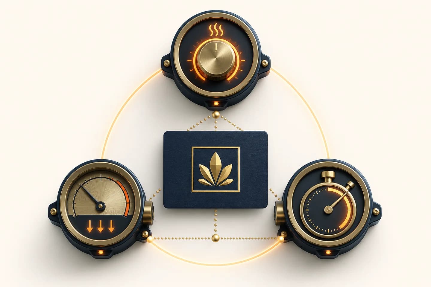Tres controles representan el equilibrio entre temperatura, presión y tiempo para obtener un estampado dorado limpio